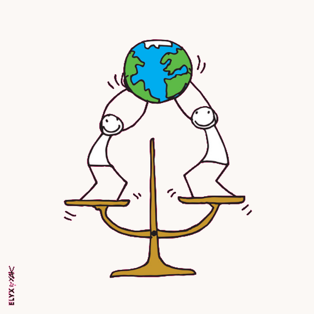 Illustration: Zwei Figuren halten eine Erdkugel über einer Waage