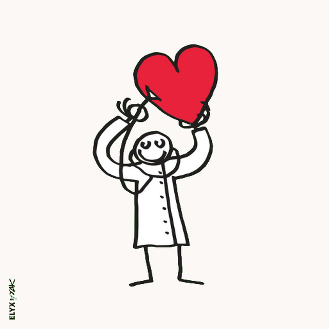Illustration: eine Figur im Arztkittel hält ein großes Herz