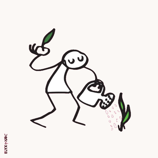 Illustration: Eine Figur gießt eine kleine Pflanze